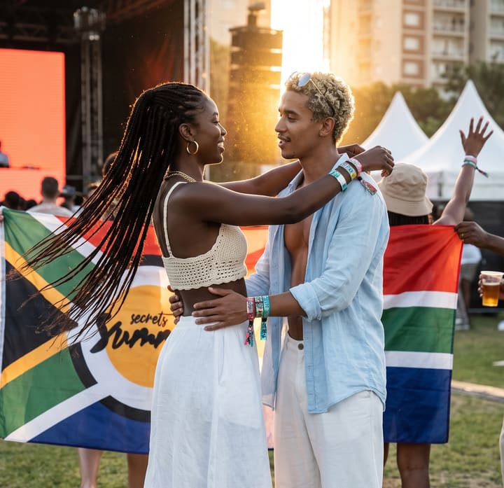 A couple together on the field at sunset, South African flag behind them