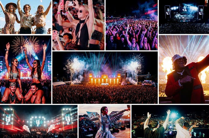 Ten photographs from previous Secrets of Summer nights: the crowd at sunset, fireworks over the main stage, lasers across the field, performers, and the midnight countdown
