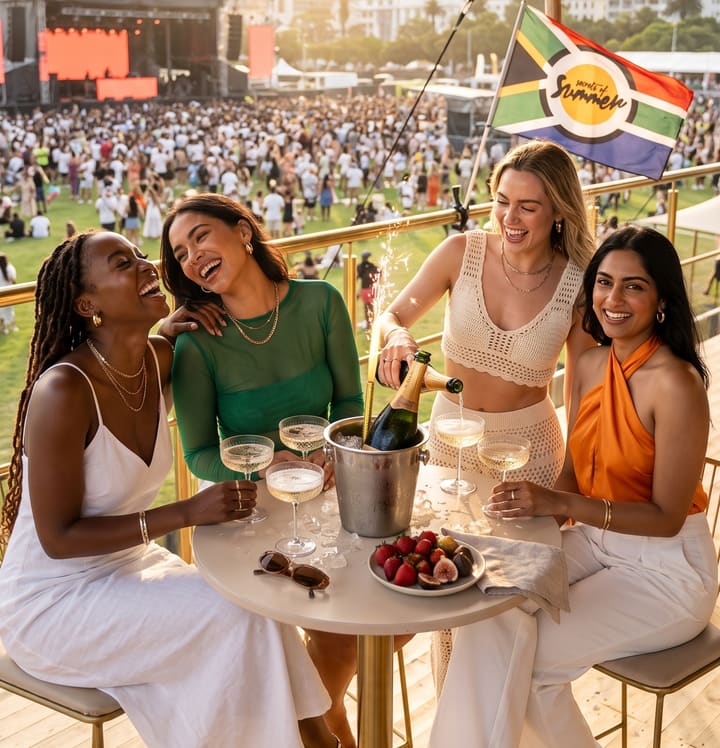 Guests at a raised table above the crowd at Secrets of Summer, golden hour