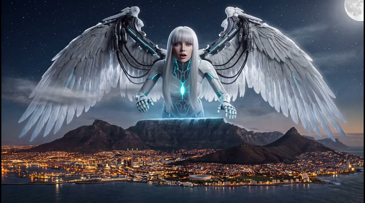 Key art for the 6D show: a winged figure lit in white and cyan above Table Mountain and the Cape Town city lights at night